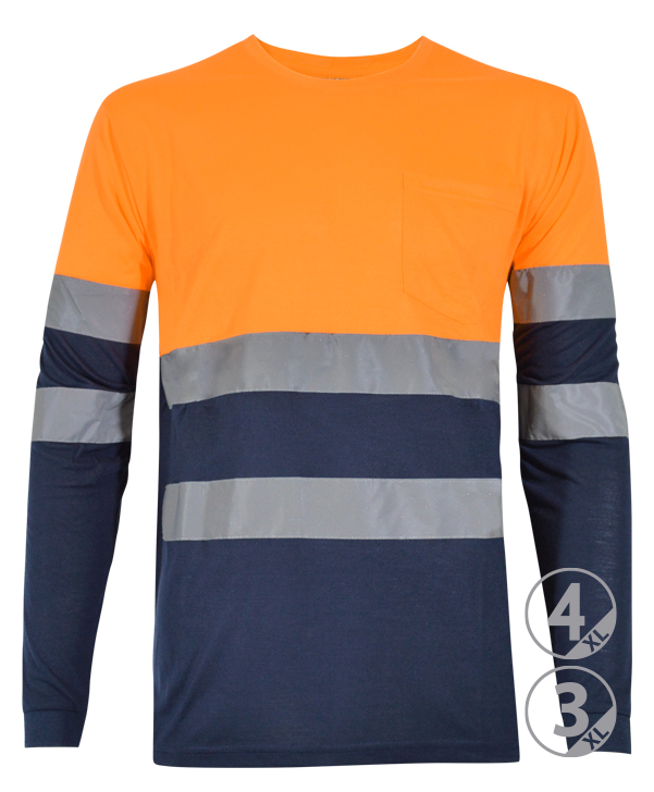 Camisola de alta visibilidade laranja e azul escuro com faixas refletoras e bolso no peito
