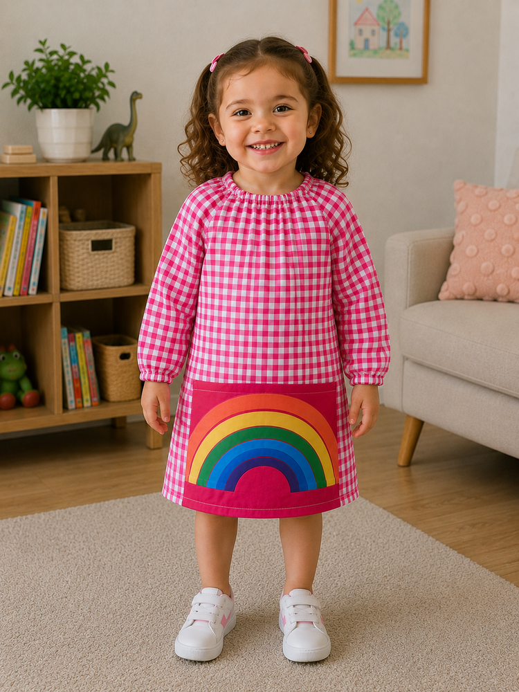 Vestido infantil rosa xadrez com bolso de arco-íris e sapatilhas brancas.