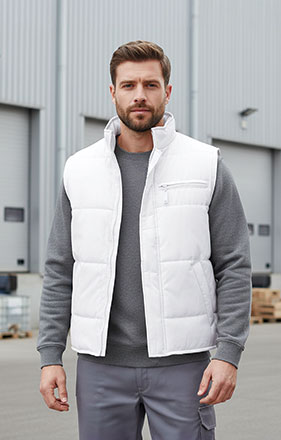 Homem com colete branco acolchoado e camisola cinzenta em ambiente industrial