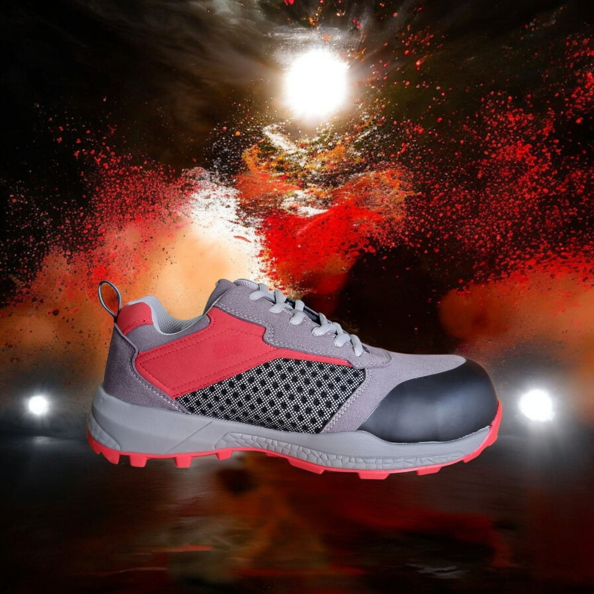 Tênis desportivo cinzento e vermelho sobre fundo abstrato colorido