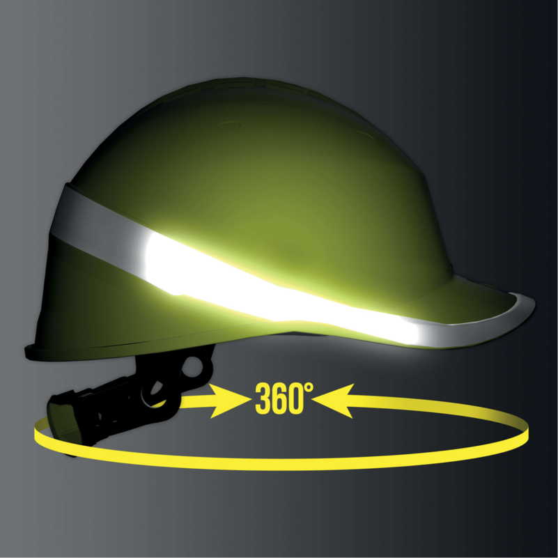 Capacete de segurança verde com faixa refletora branca e indicação 360°
