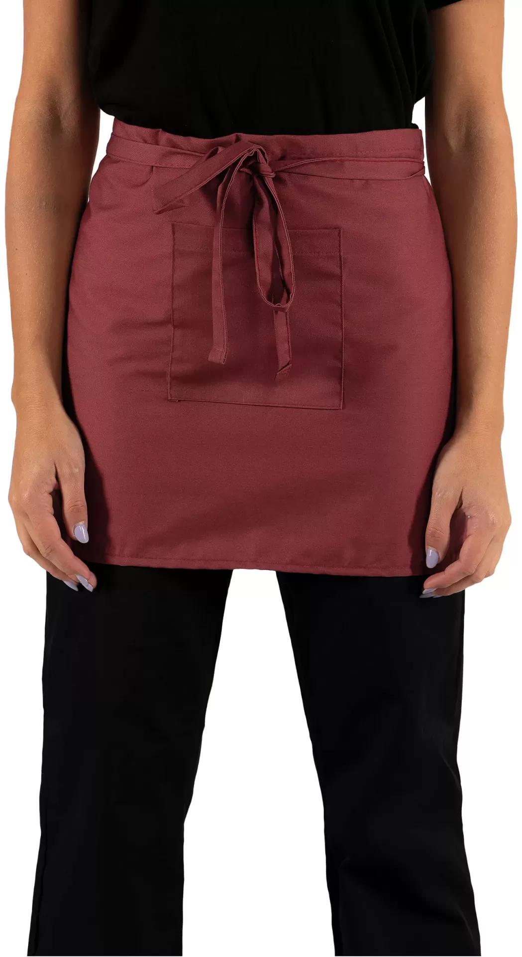 Avental curto vermelho vinho com bolso frontal e fita para atar na cintura.