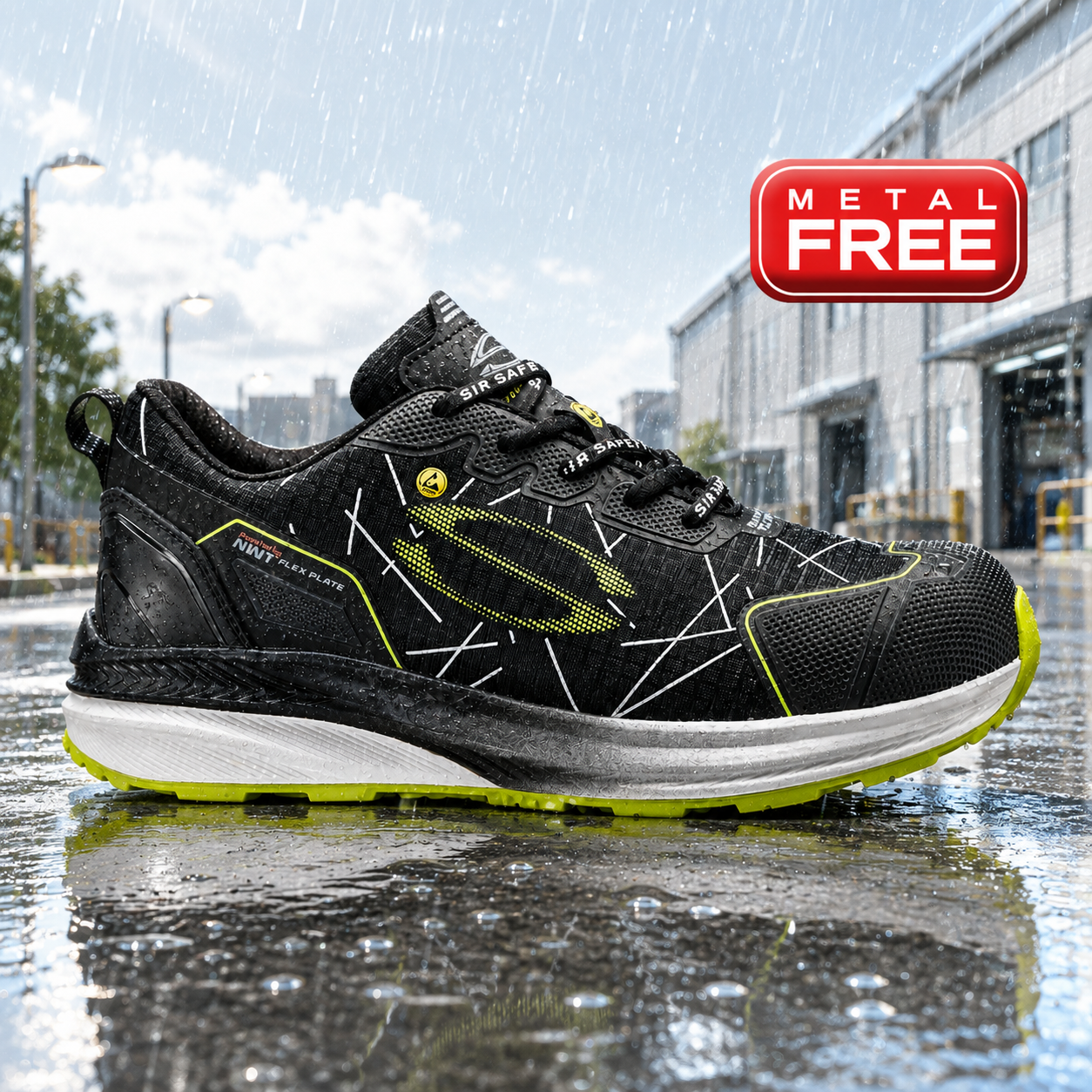 Sapatilha de segurança preta, verde e branca sob chuva com selo METAL FREE