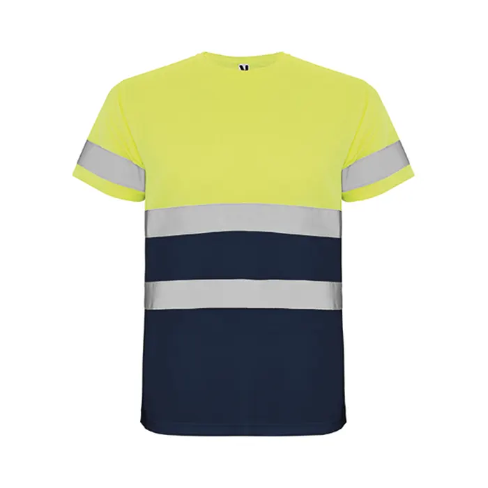 T-shirt de alta visibilidade amarelo neon e azul escuro com faixas refletoras cinzentas.
