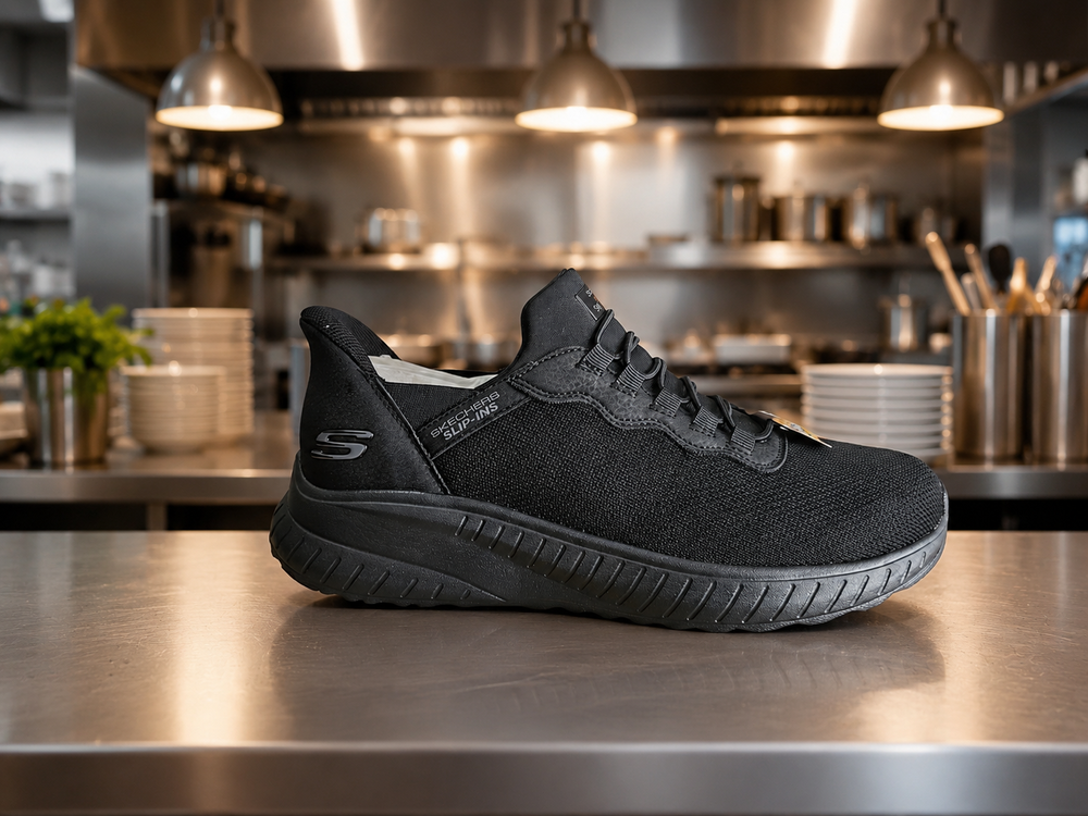 Ténis preto Skechers Slip-Ins em cozinha de restaurante