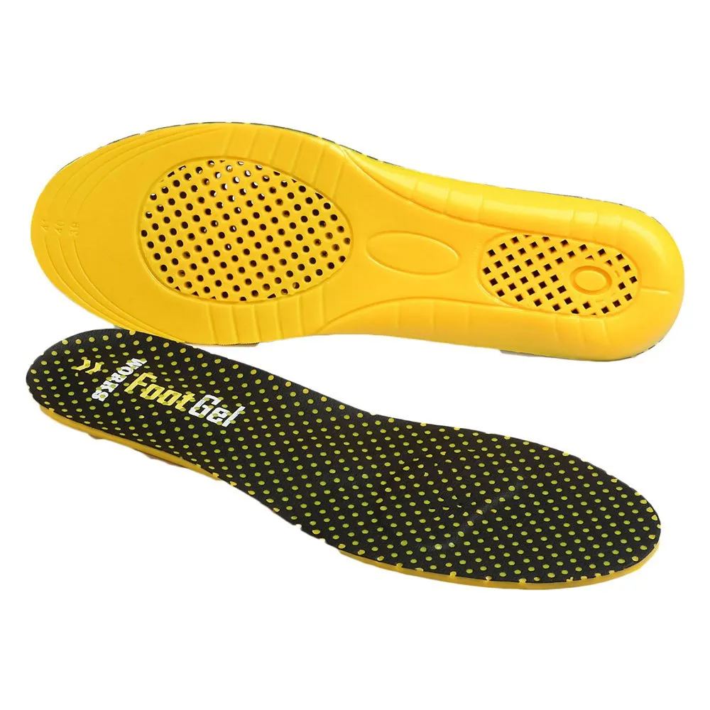 Palmilhas de gel amarelas e pretas com texto Foot Gel