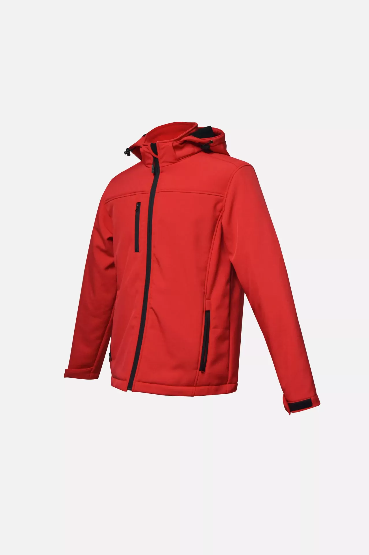 Casaco vermelho com fecho zip preto e capuz