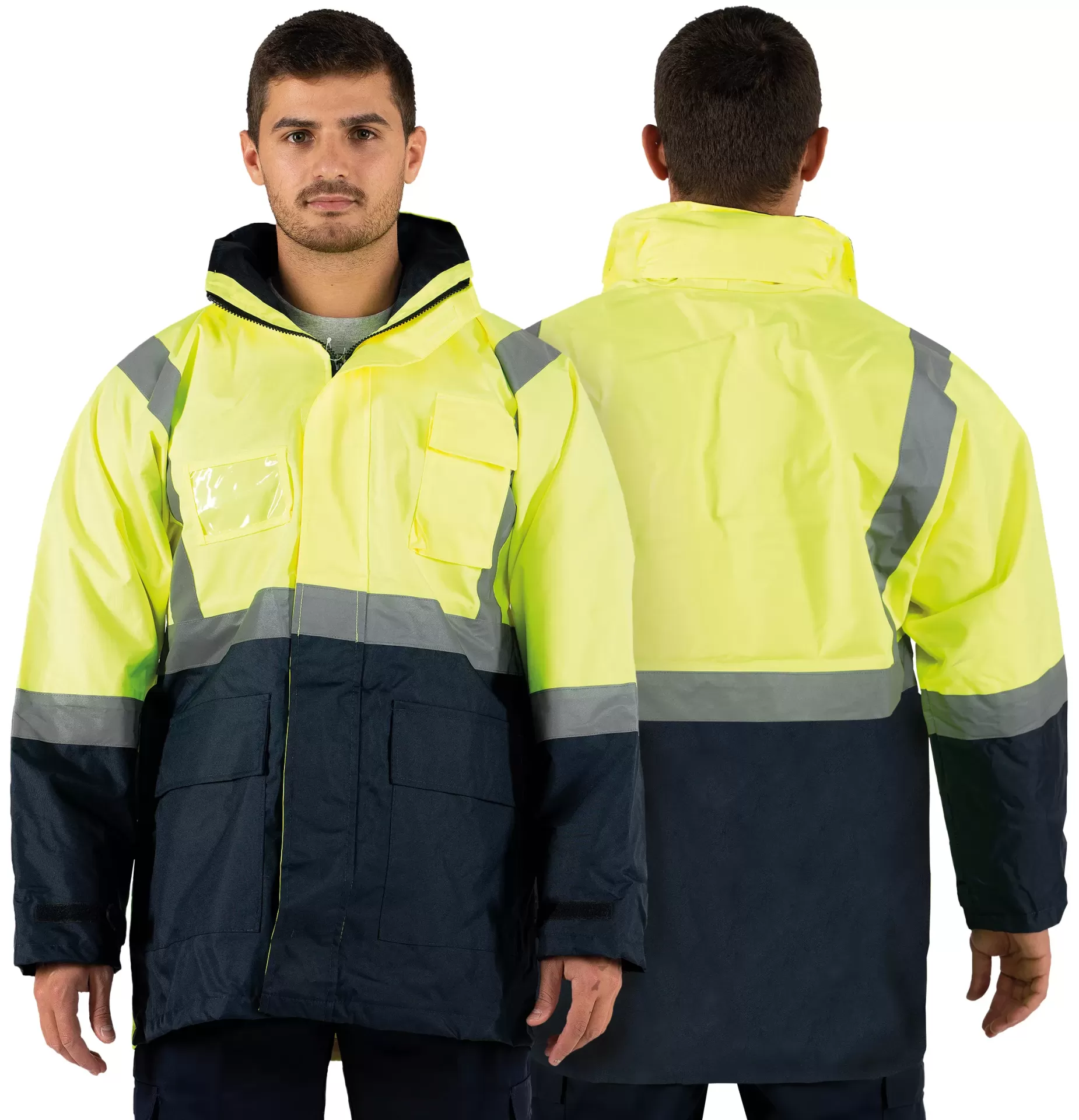 Casaco de trabalho impermeável amarelo fluorescente e azul escuro com fitas refletoras.