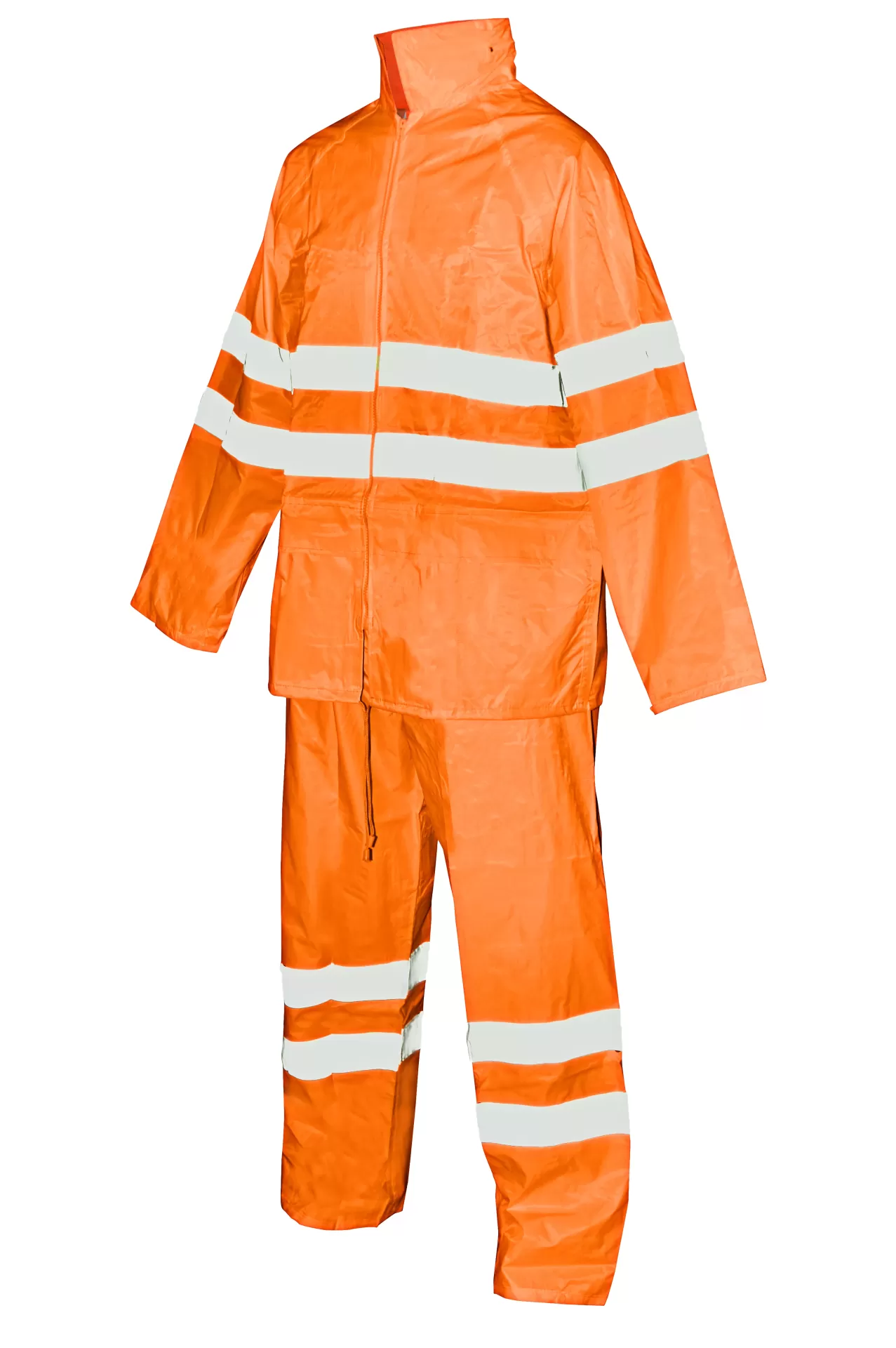 Fato impermeável laranja com faixas refletoras brancas