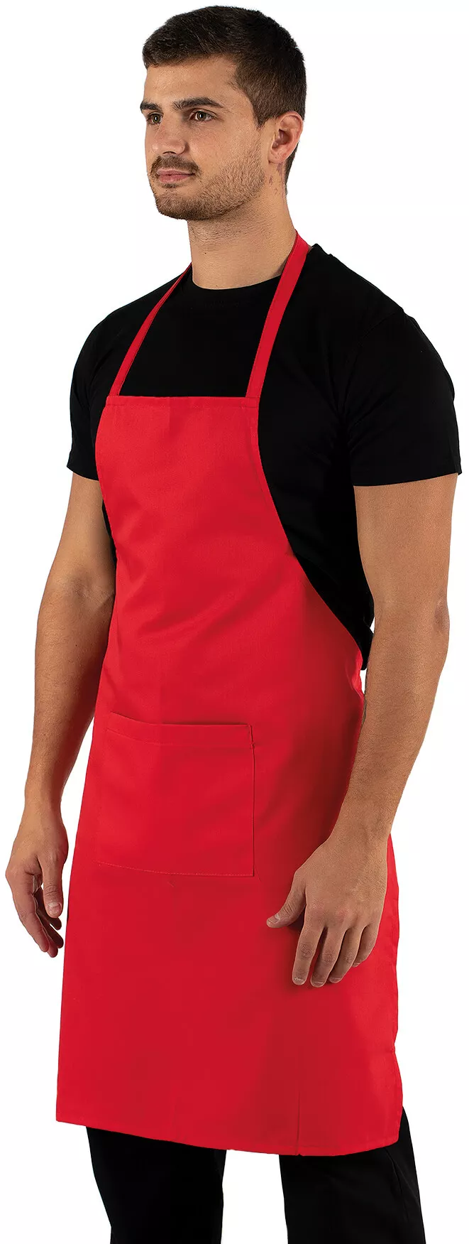Homem a usar avental vermelho simples com bolso frontal e t-shirt preta