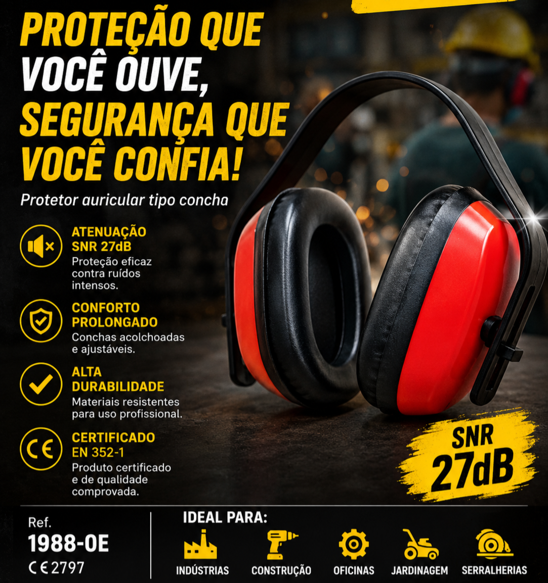 Protetor auricular tipo concha preto e vermelho com texto sobre proteção e características técnicas