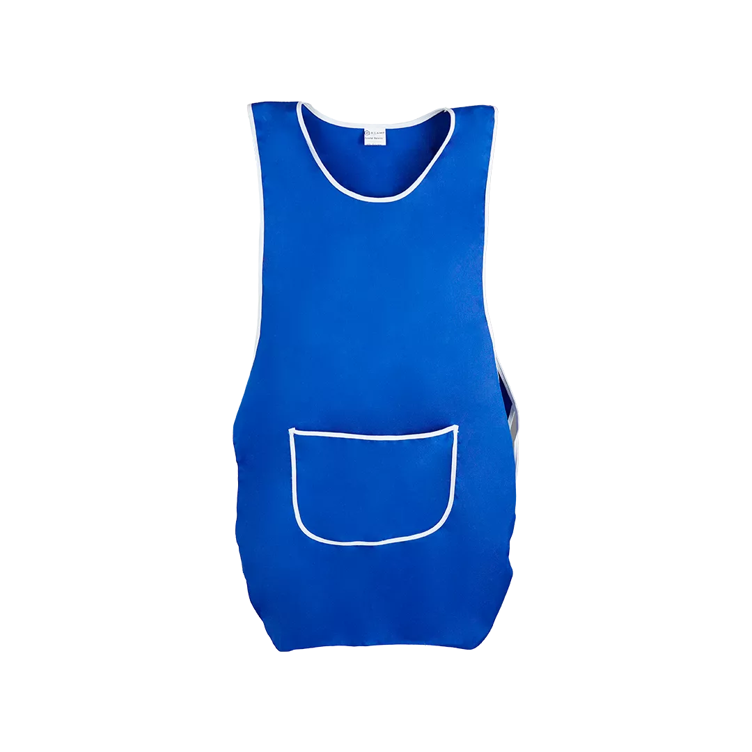 Avental azul com contorno branco e bolso frontal