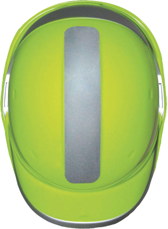 Capacete de segurança amarelo com faixa refletora cinza visto de cima