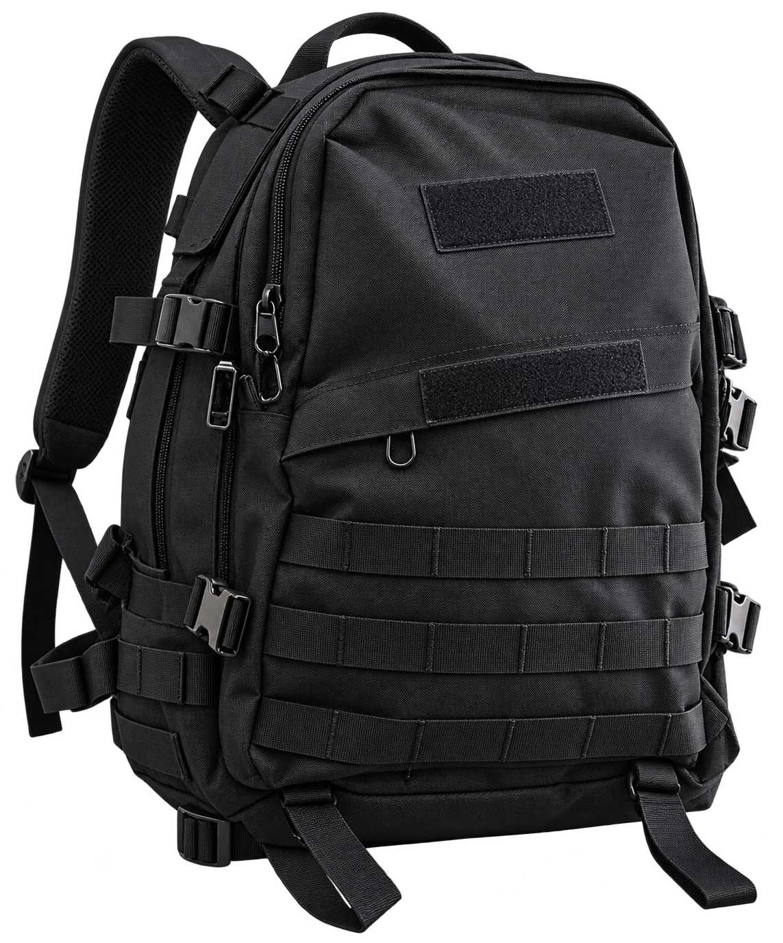 Mochila táctica preta com vários bolsos e fivelas
