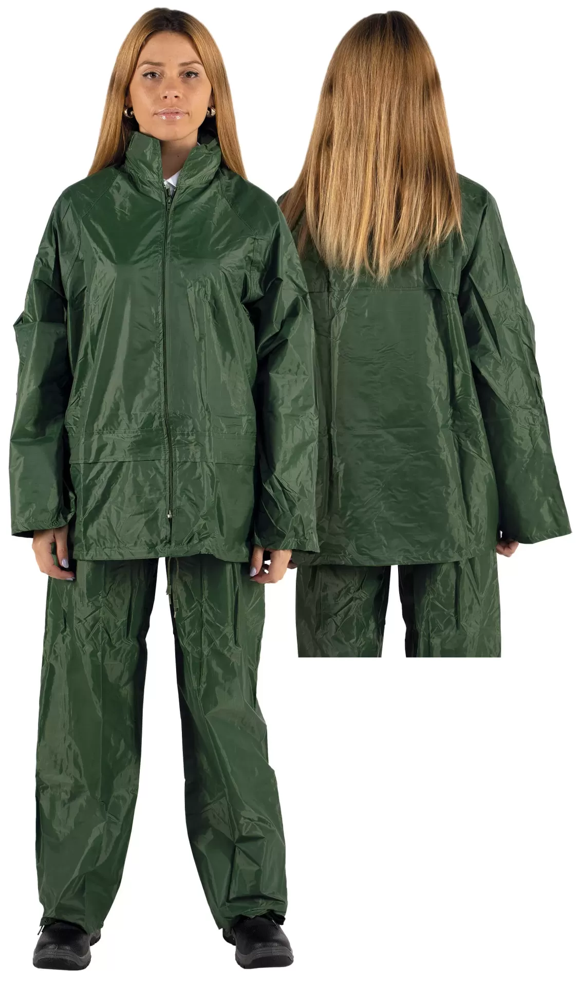 Conjunto impermeável verde escuro com casaco e calças em tecido brilhante.