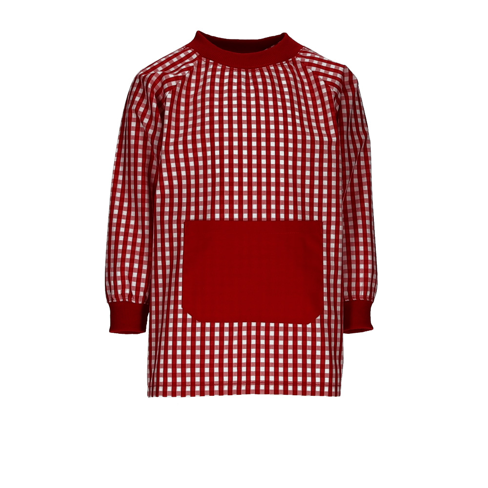 Vestido ou camisa infantil com padrão xadrez vermelho e branco e bolso vermelho