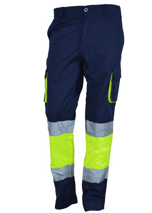 Calças de trabalho bicolores azul escuro e amarelo fluorescente com faixas refletoras.