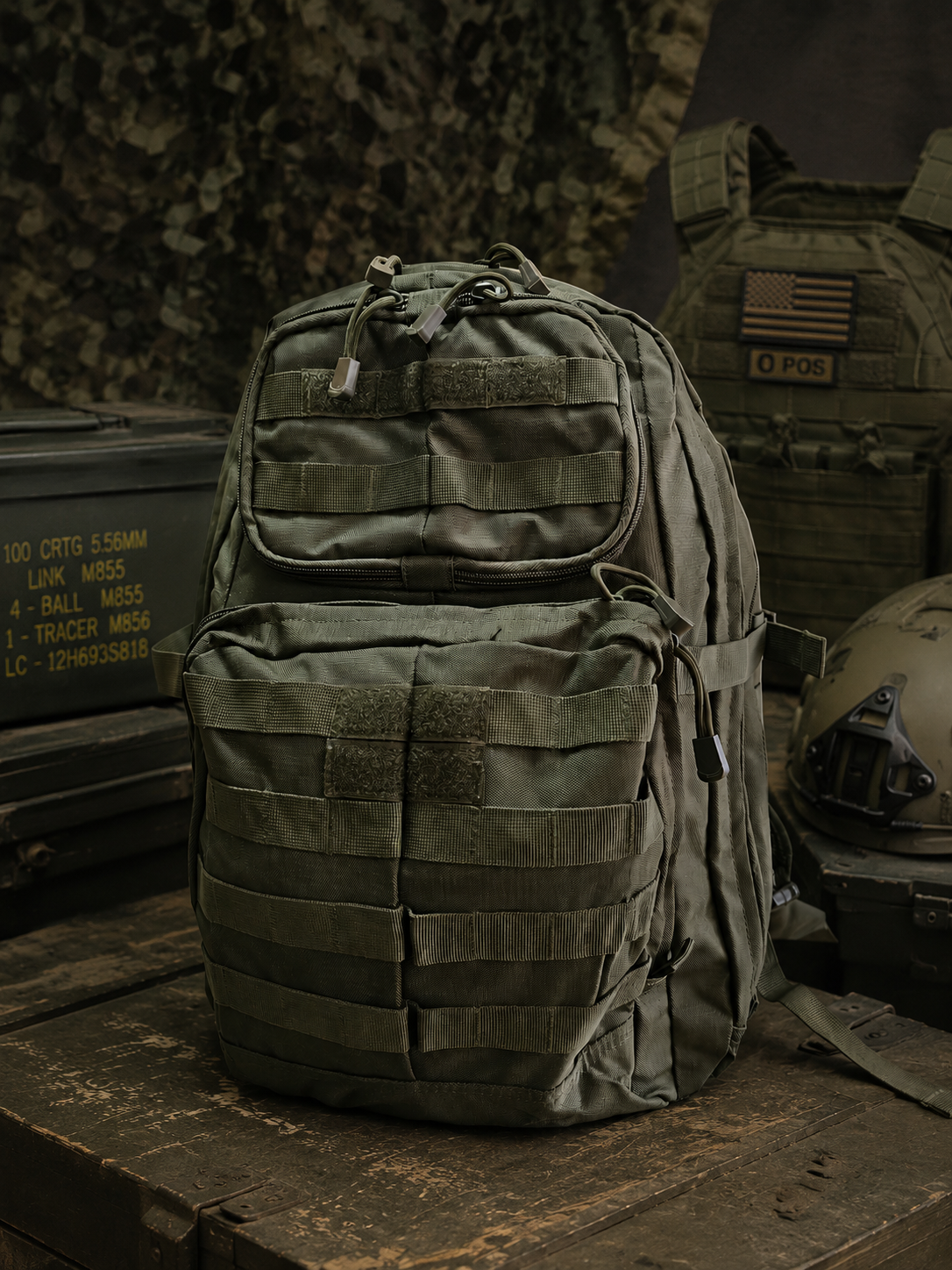 Mochila militar verde-oliva tática com vários bolsos e tiras, sobre caixa de madeira em ambiente militar