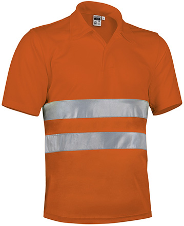 Camisola polo laranja com faixas reflexivas prateadas na frente e gola clássica