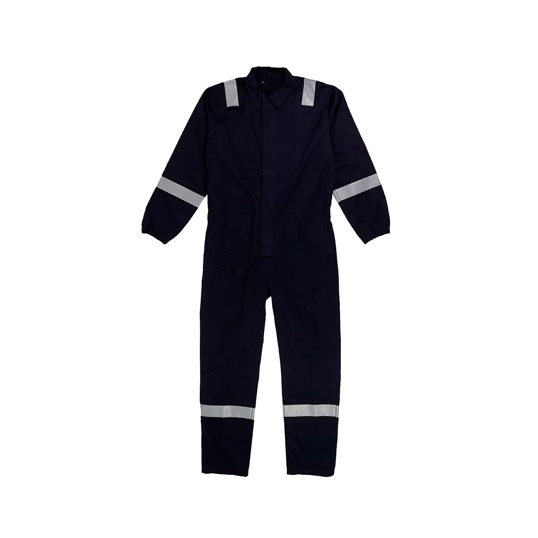 Macacão de trabalho azul escuro com faixas refletoras cinzentas