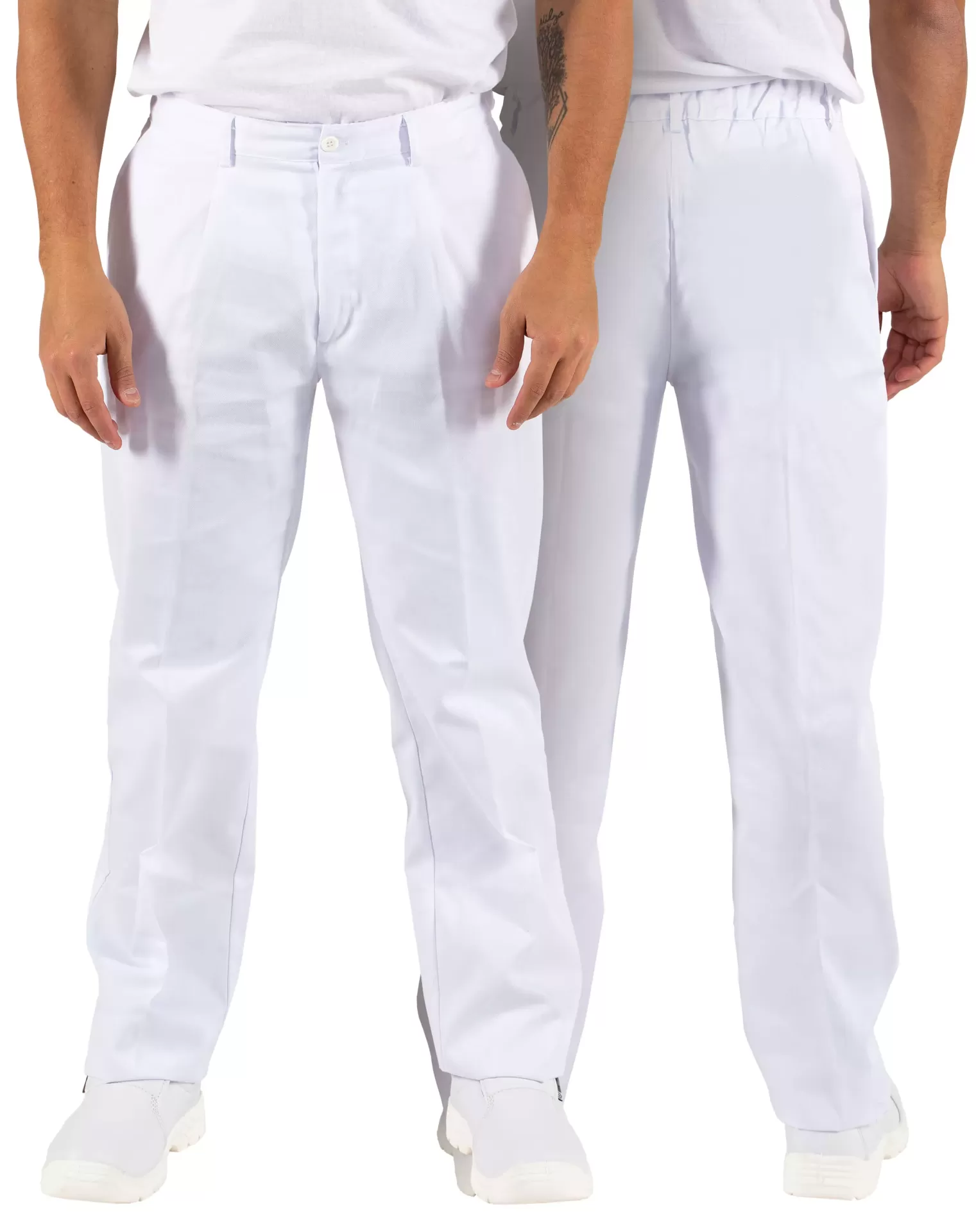 Calças brancas compridas para homem com bolsos e elástico atrás.