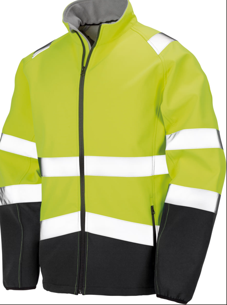 Casaco de alta visibilidade verde com faixas refletoras e detalhes pretos.