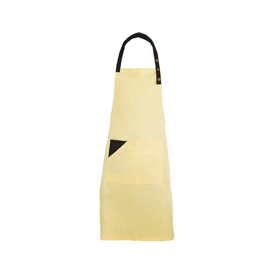 Avental amarelo com alças castanhas e bolso frontal