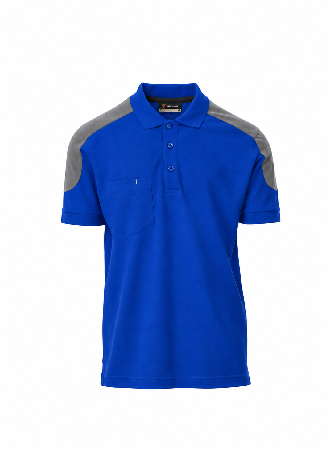 Polo azul com ombros cinzentos e bolso no peito