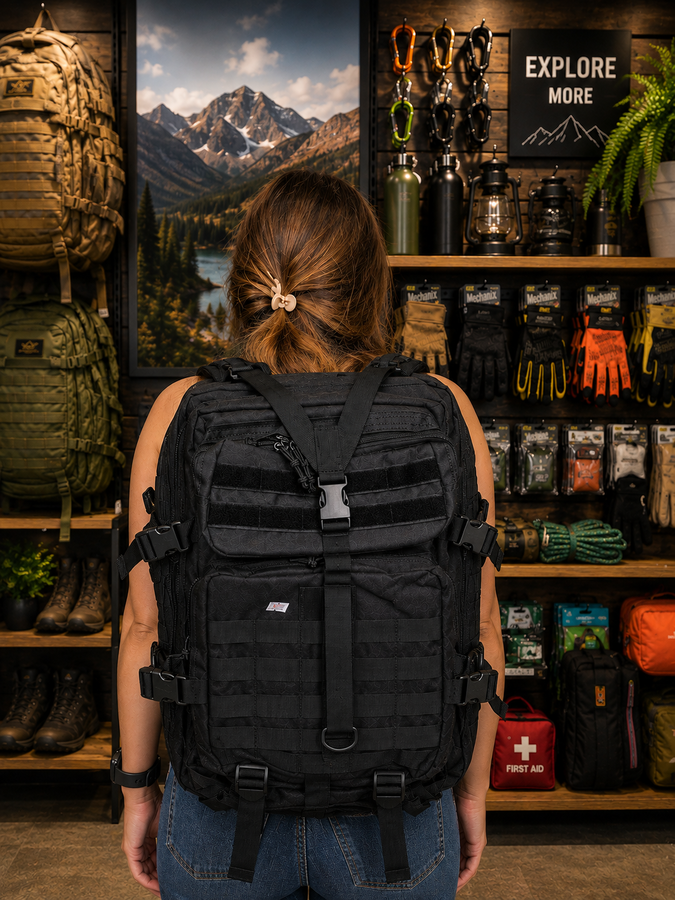 Mochila táctica preta vista de costas com equipamentos de outdoor numa loja