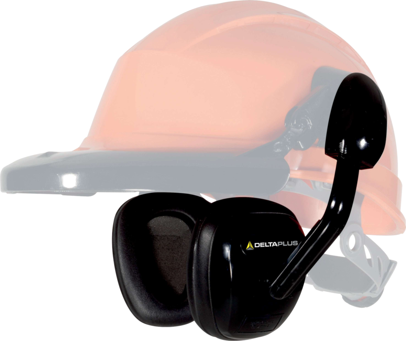 Protetores auriculares pretos DELTAPLUS com capacete de segurança laranja