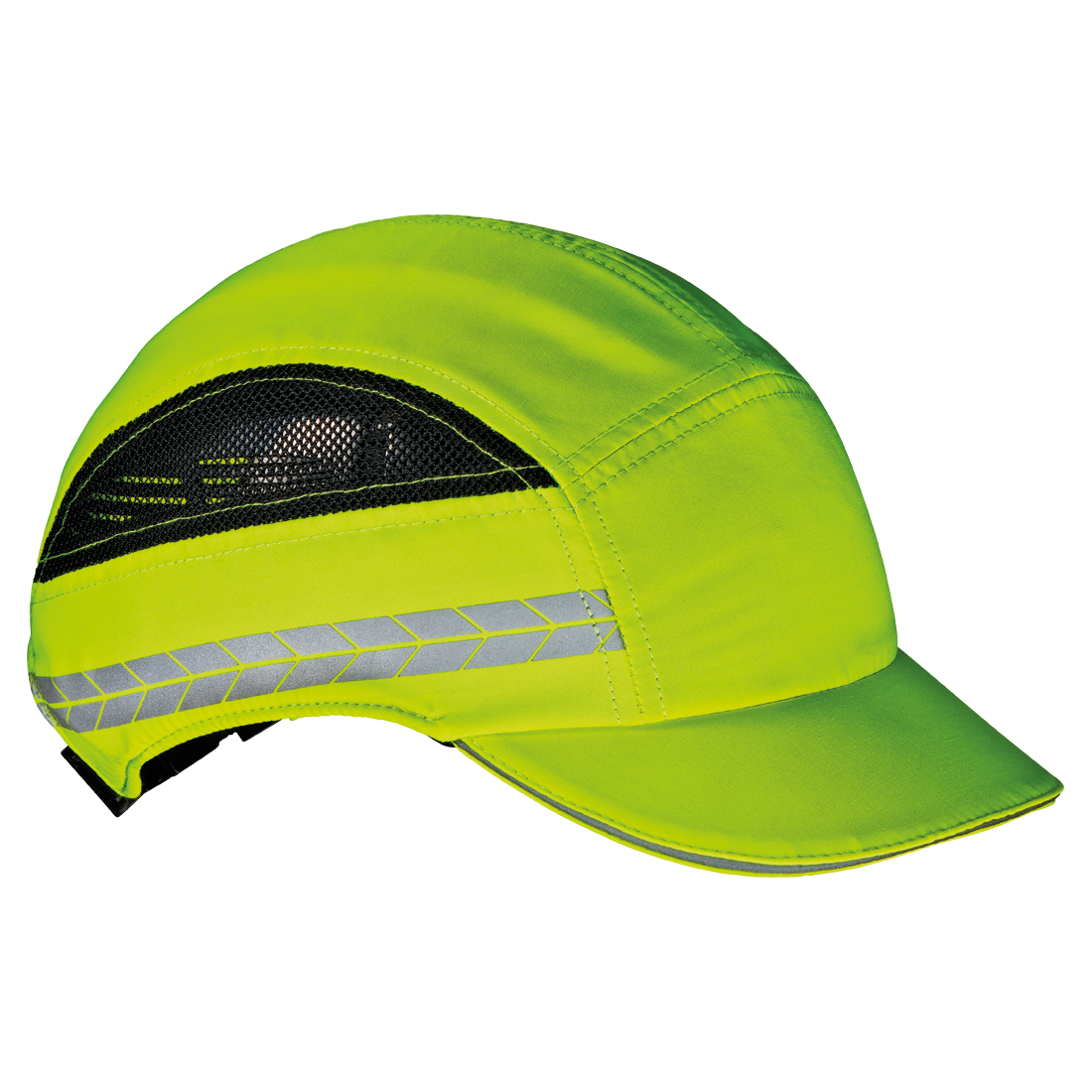 Boné verde fluorescente com faixa refletora e malha preta para ventilação