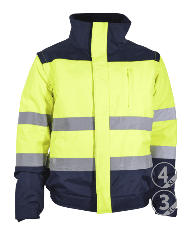 Casaco de alta visibilidade amarelo fluorescente e azul escuro com faixas refletoras cinzentas