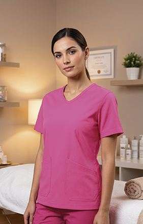 Pessoa com uniforme médico rosa em clínica com produtos e decoração
