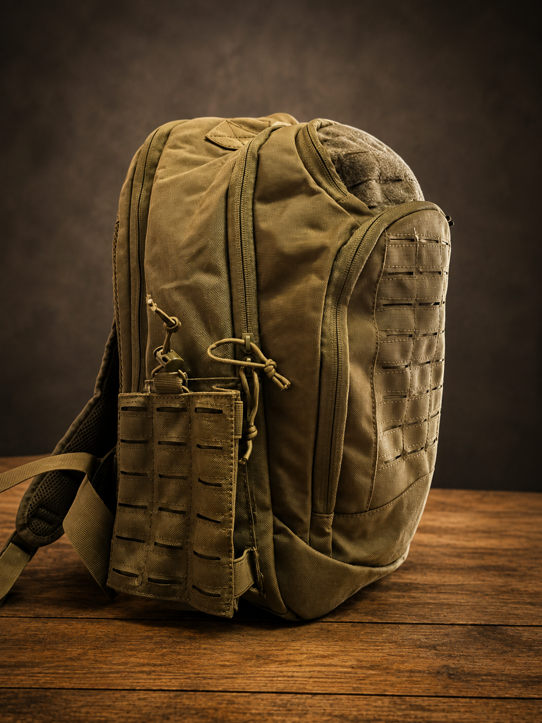 Mochila tática verde oliva com múltiplos compartimentos e bolsos, sobre madeira