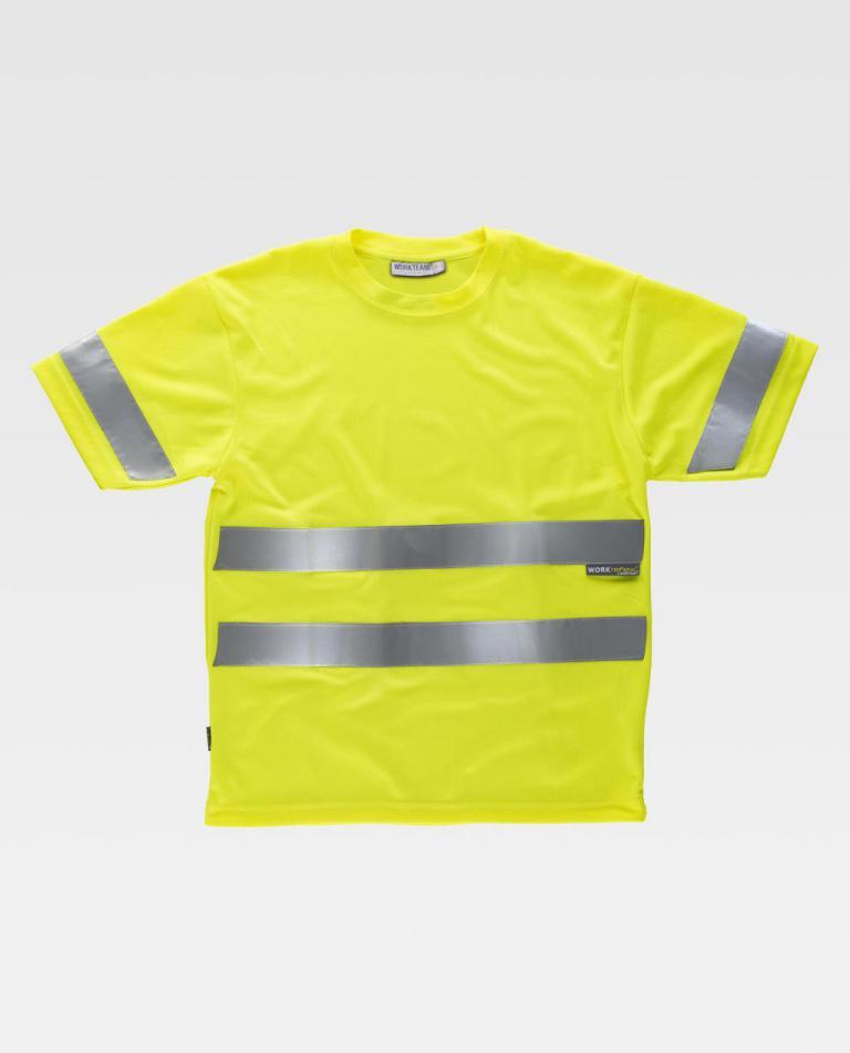 T-shirt amarela de alta visibilidade com faixas refletoras cinzentas