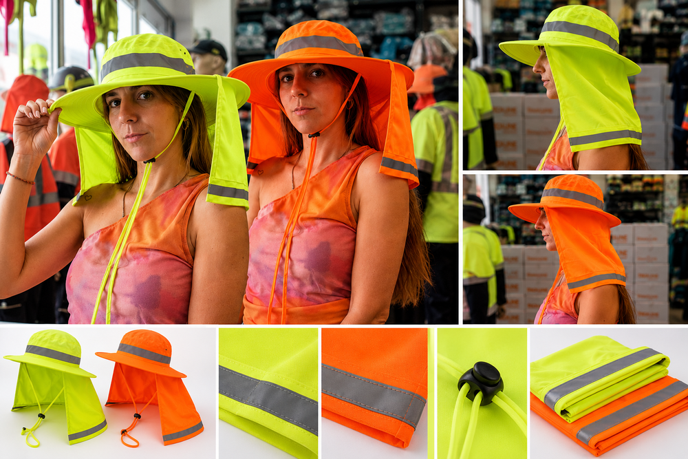 Chapéus de segurança fluorescentes amarelo e laranja com proteção para o pescoço e faixa refletora