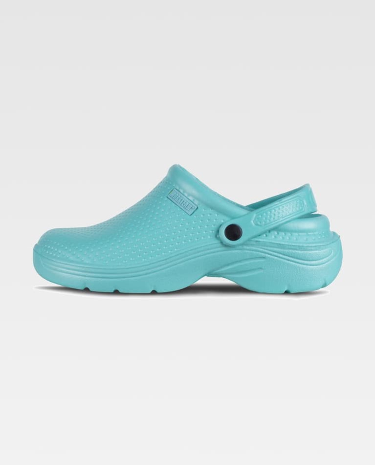 Sabot azul turquesa com alça traseira preta e textura pontilhada