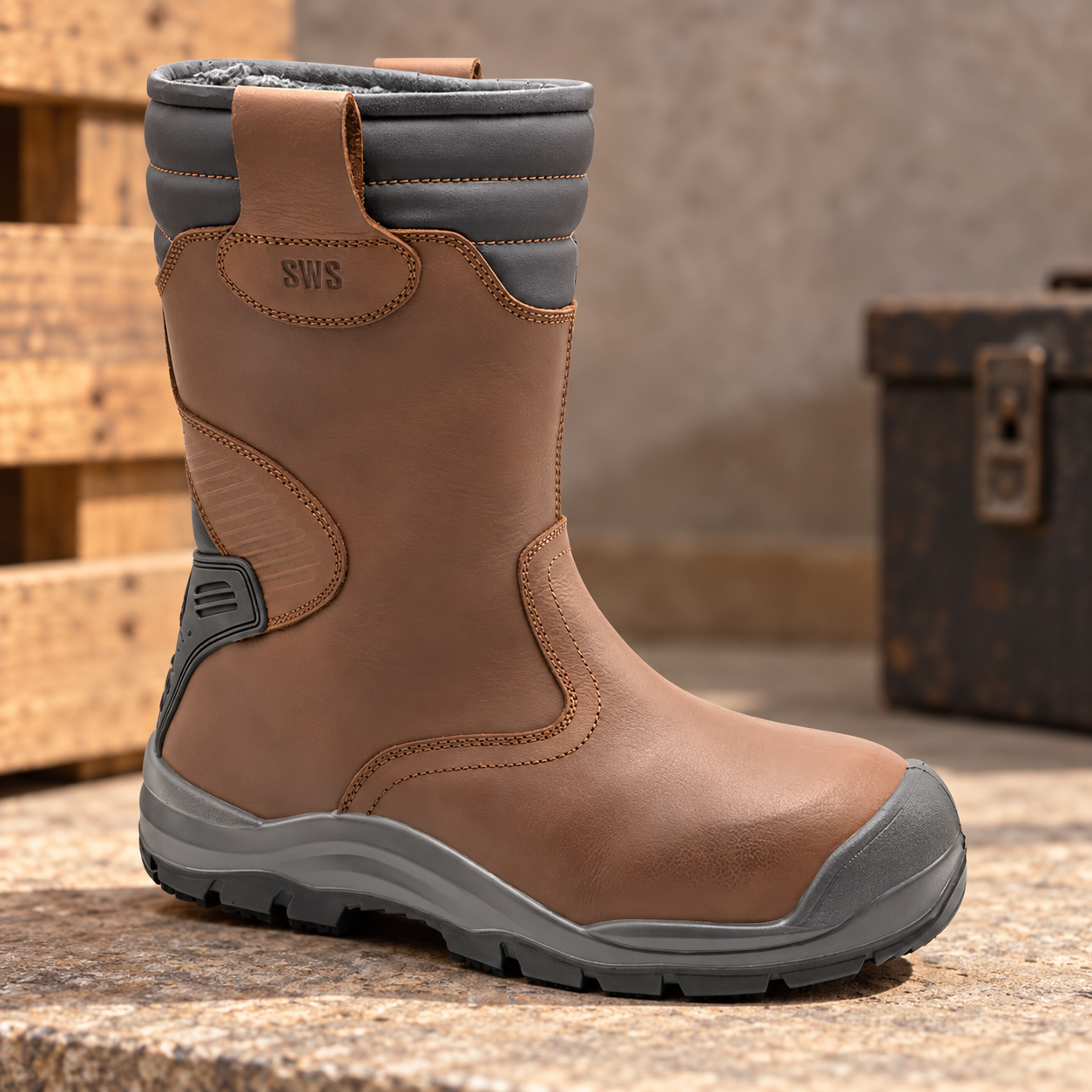 Bota castanha de trabalho com sola e biqueira cinza e etiqueta SWS