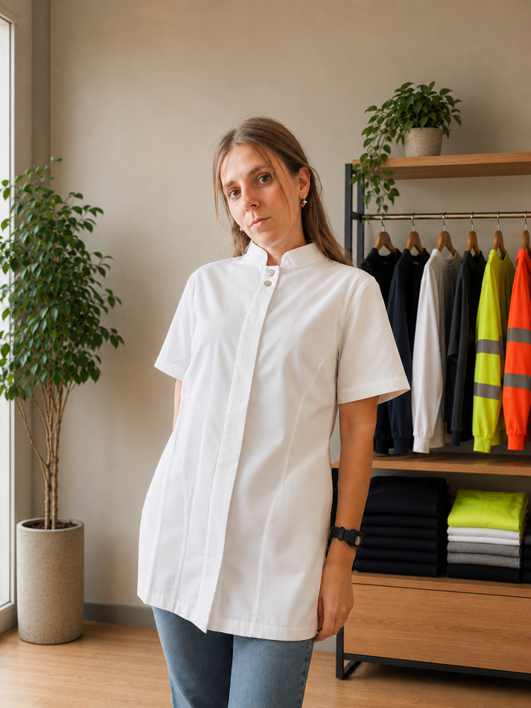Blusa branca de manga curta com gola mandarim em ambiente interior