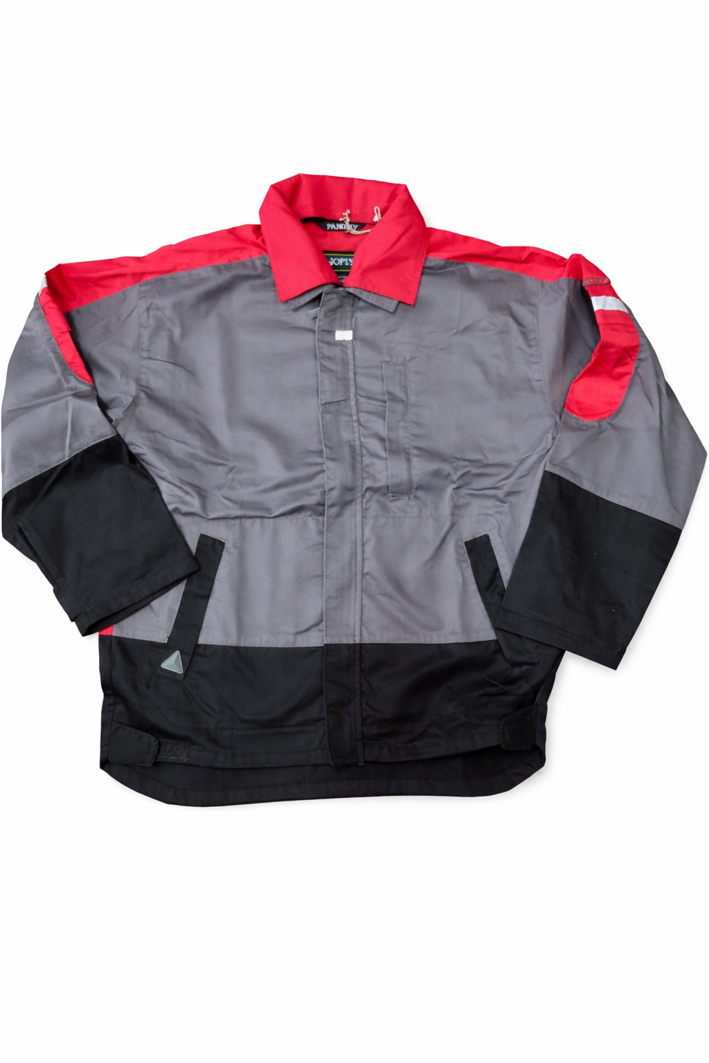 Casaco de trabalho cinza, vermelho e preto com bolsos e colarinho vermelho