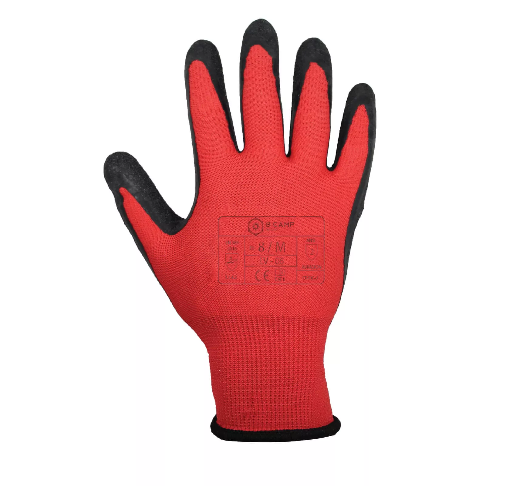 Luvas de trabalho vermelhas e pretas com texto impresso no dorso