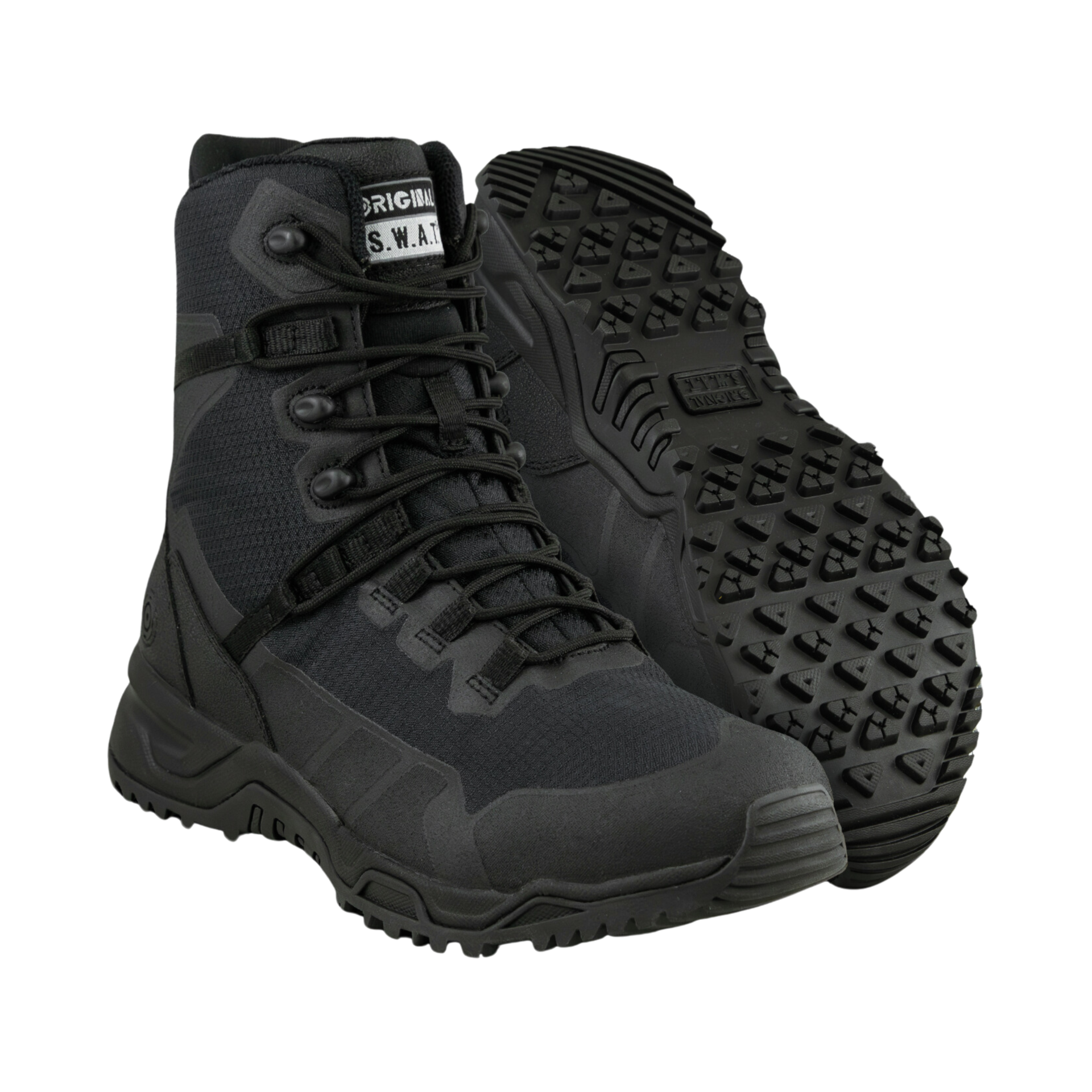 Botas pretas S.W.A.T. com sola antiderrapante e etiqueta branca ORIGINAL S.W.A.T.