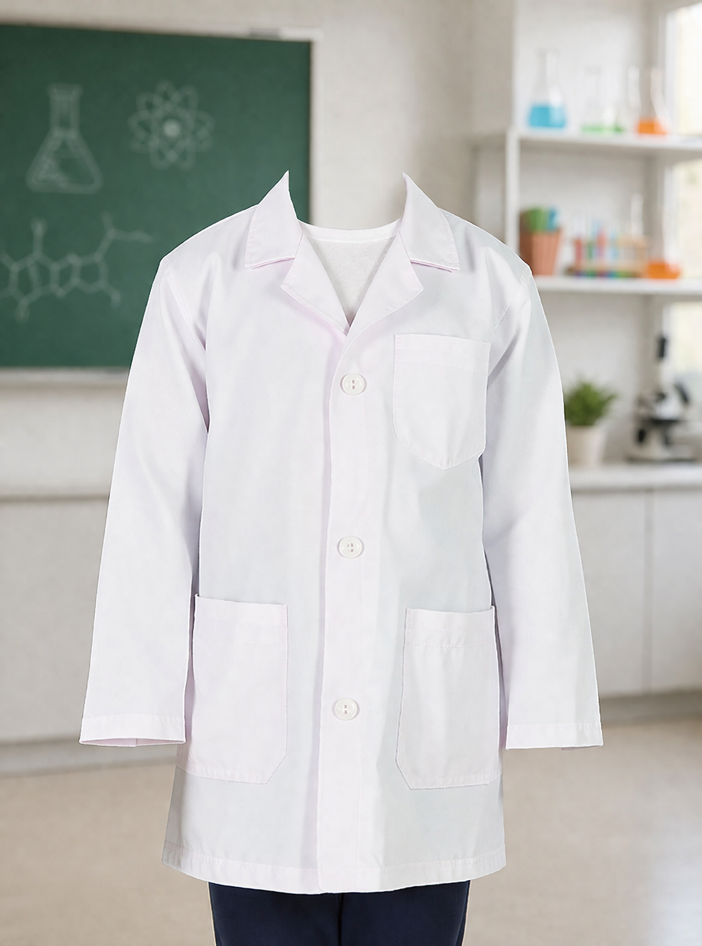 Jaleco branco comprido com botões e três bolsos em sala de aula com quadro verde e utensílios de laboratório