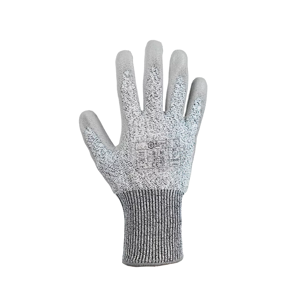Luva de proteção cinza claro com punho tricotado cinza escuro e texto impresso.