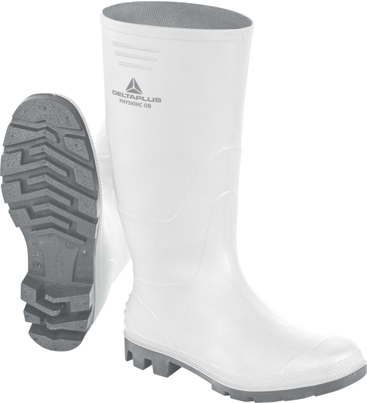 Botas de borracha brancas com sola cinzenta e texto DELTAPLUS PHYSIOHC OB