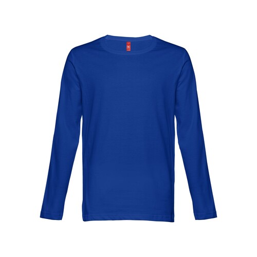 Camisola azul royal de manga comprida com etiqueta vermelha na gola