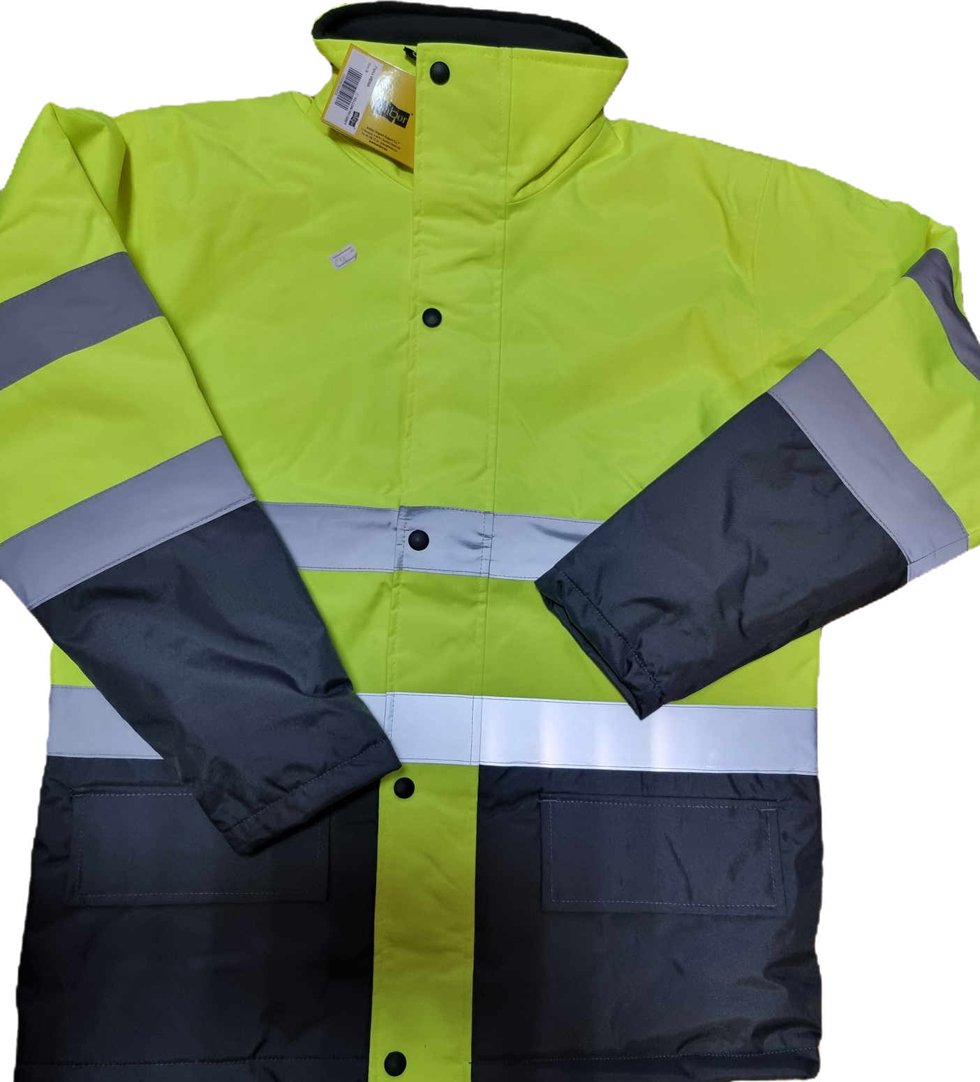 Casaco de alta visibilidade amarelo e cinza com faixas refletoras e bolsos frontais