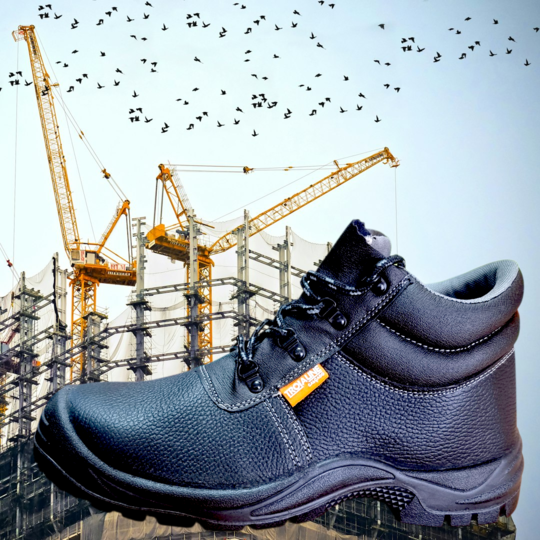 Bota de trabalho preta em pele texturada com etiqueta PROMANI e fundo de construção.