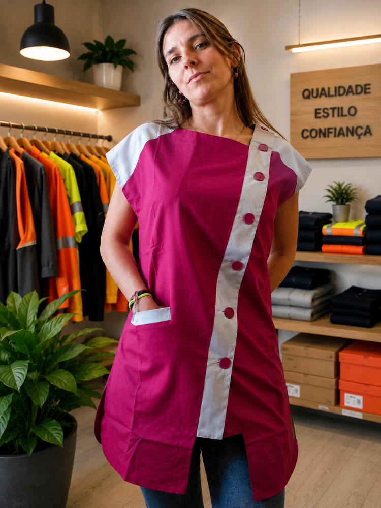 Blusa de trabalho rosa com faixas brancas e botões rosa, usada por mulher em loja de roupas
