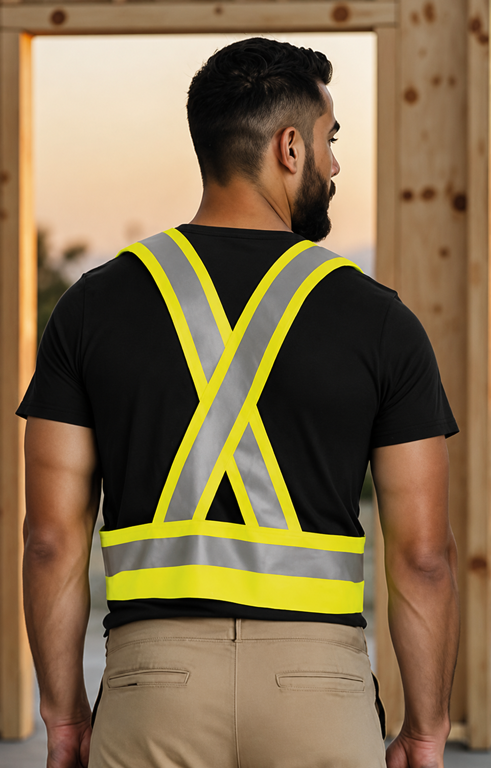 Homem de costas com colete de segurança reflexivo amarelo e cinzento no local de construção